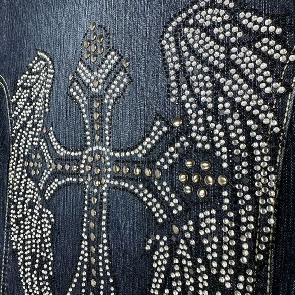Y2K Clash Embellished Denim Dress Large Wings Cross Punk Goth Cowgirl Western - Picture 5 of 12